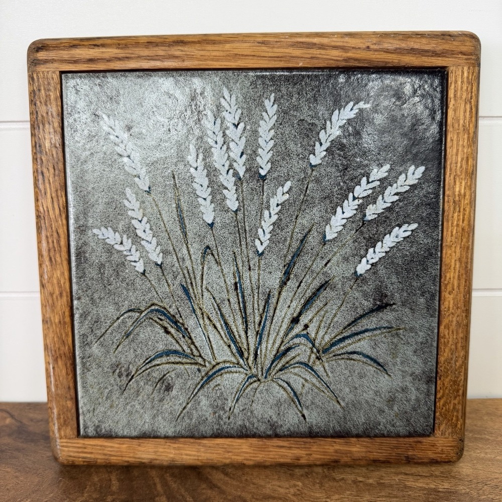 Terra Cotta Wood Framed Tile Trivet Wheat Grass Cottagecore Rustic Kitchen Heavy